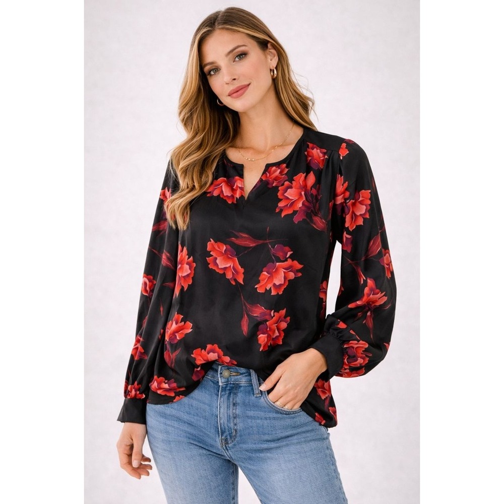 AVA & VIV Womens Black Floral Print Long Sleeve V Neck Blouse Top Plus Size X‎